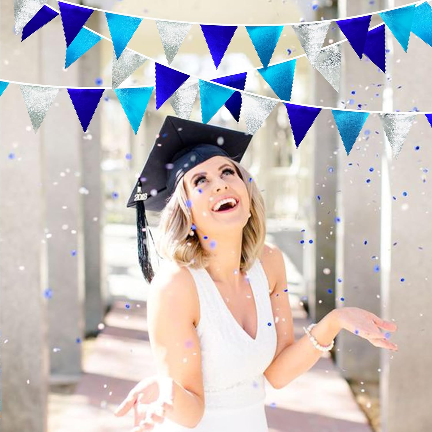 Navy Blue Silver Party Decorations Metallic Fabric Triangle Pennant Banner Flag Bunting Garland for