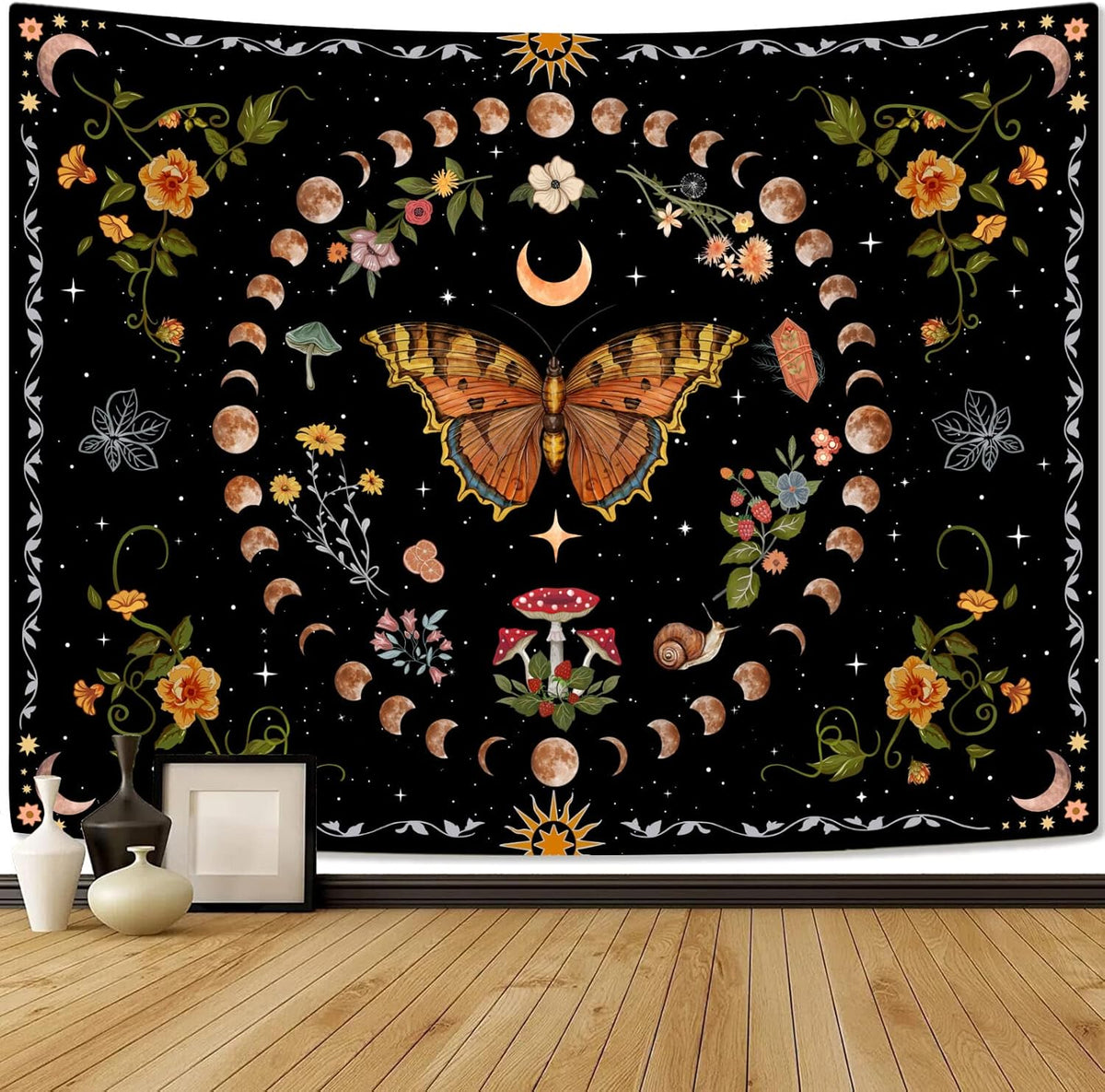 Aipon Orange Butterfly Moon Flower Tapestry Botanical Floral Plant Boho Tapestry for Bedroom