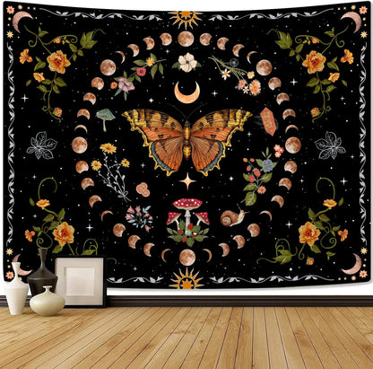 Aipon Orange Butterfly Moon Flower Tapestry Botanical Floral Plant Boho Tapestry for Bedroom