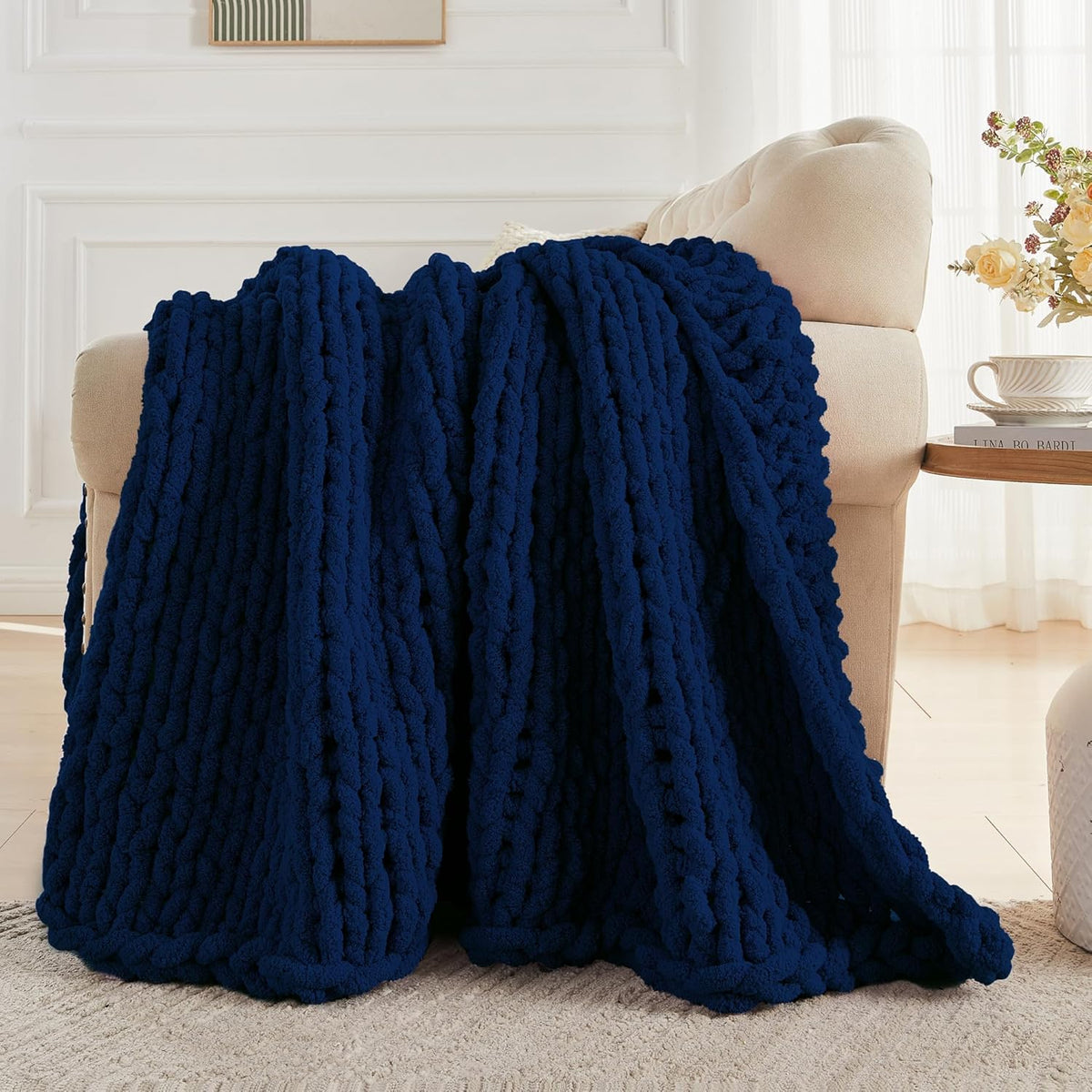 Carriediosa Chunky Knit Throw Blanket 60" X 80" Twin, 100% Hand Made Large Chenille Loop Yarn Soft