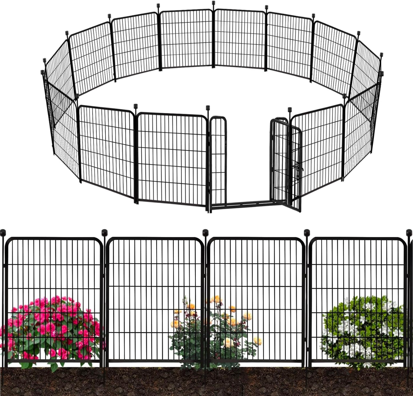 ADAVIN Tall Garden Fence Wide Door Low Threshold, 54 inch High 10 Panels Total 22.1 Ft(L), Black