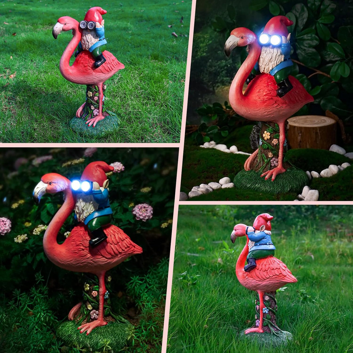 Solar Flamingo Gnome Garden Decor Statue, Outdoor Funny Solar Light Decoration for Yard, Patio