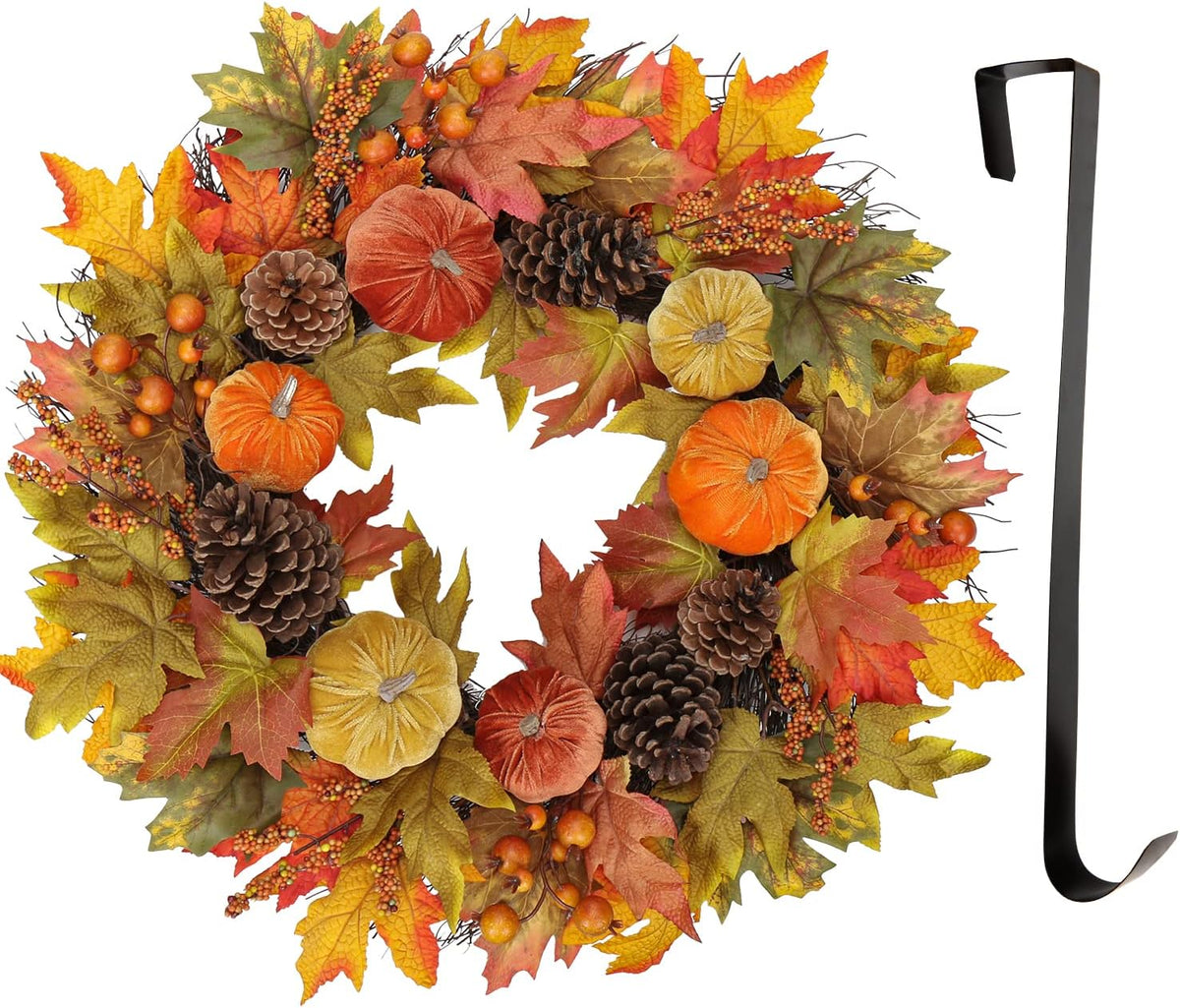Fall Wreaths for Front Door 26'' Autumn Velvet Pumpkin Wreath with Metal Hook Large Harvest Maple