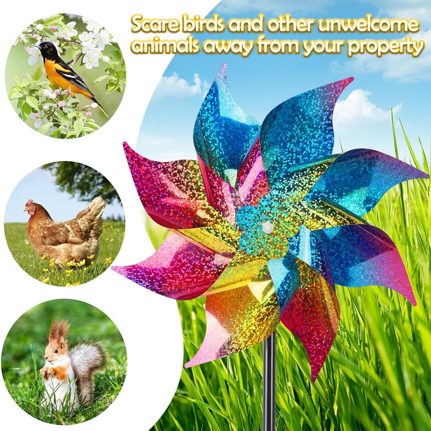 Hausse 10 Pack Reflective Pinwheels Wind Spinner, Extra Sparkly Rainbow Pinwheel with Stakes, Bird