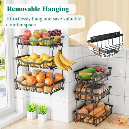 Giwil 3 Tier Countertop Fruit Basket for Kitchen, Vegetable Storage Bread Fruit Bowl Stand with 2