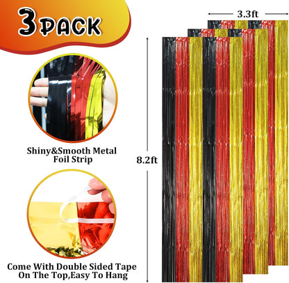 3 Pack 3.3 x 8.2 ft Red Black Gold Foil Fringe Backdrop Curtains, Tinsel Streamers Party