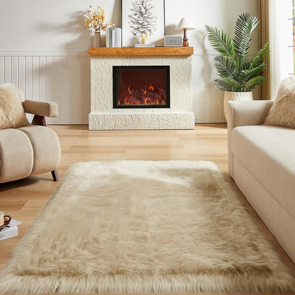AMTOVO Faux Fur Sheepskin Rug for Living Room, 4 x 6 ft Beige Fluffy Area Rug for Bedroom