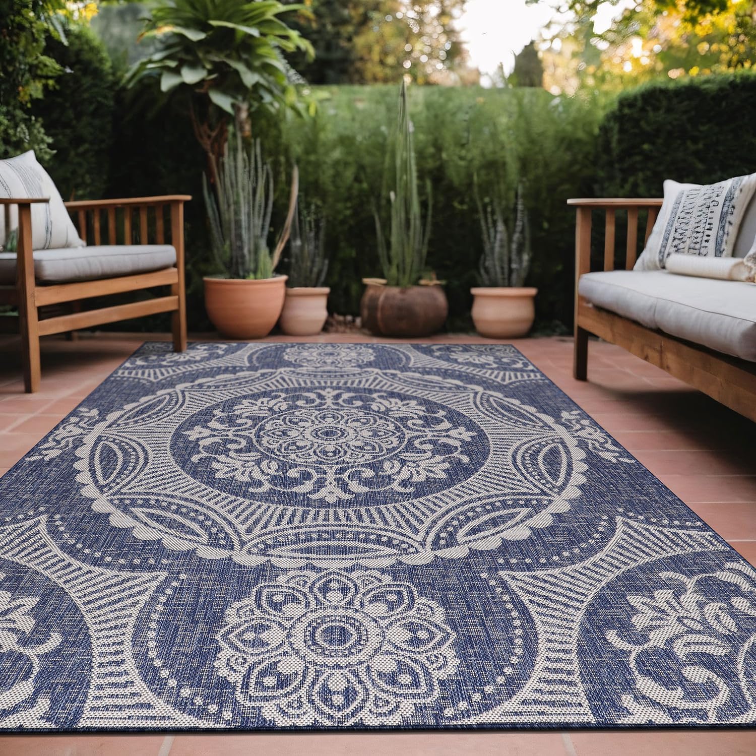 Medallion Outdoor Rug 6x9 Washable Outside Carpet for Indoor Patio Porch Waterproof Easy Cleaning