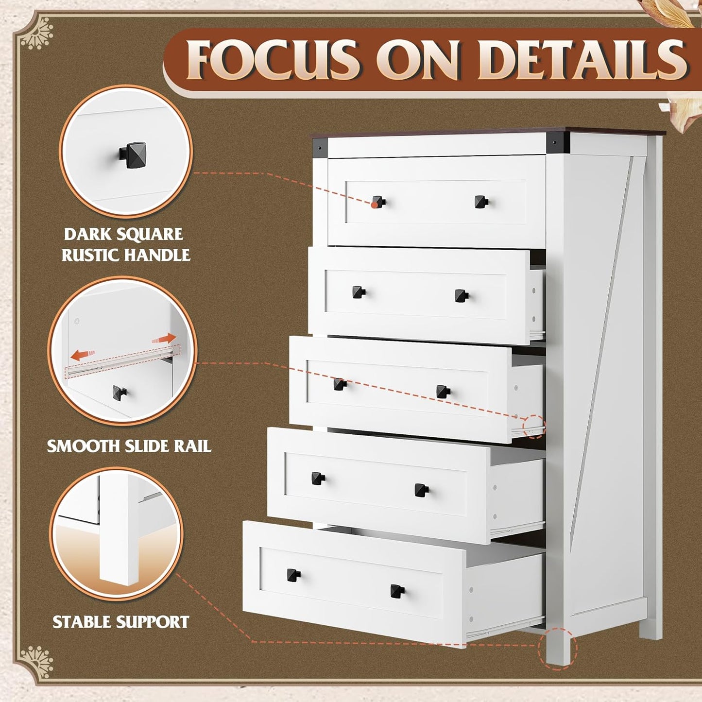 WLIVE Farmhouse White Dresser for Bedroom, 5 Drawer Dresser Storage Organizer, Tall Wood Dressers