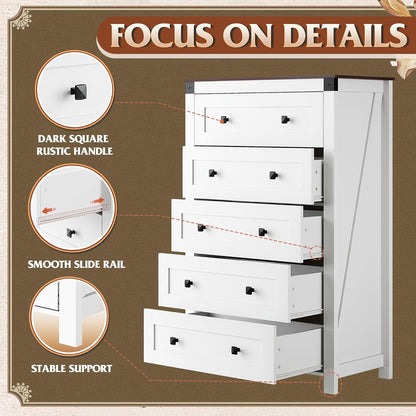 WLIVE Farmhouse White Dresser for Bedroom, 5 Drawer Dresser Storage Organizer, Tall Wood Dressers