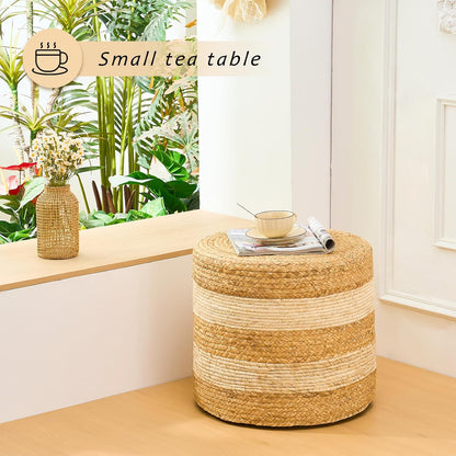 Handwoven Ottoman Pouf, Natural Water Hyacinth Footstool, Round Braided Outdoor Seat with Sturdy