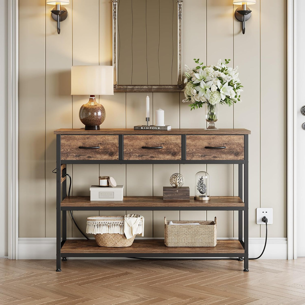 Lulive Entryway Table with Power Outlets, Console Table with 3 Fabric Drawers, Sofa Table for