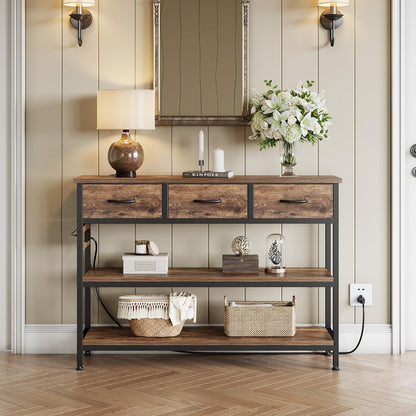 Lulive Entryway Table with Power Outlets, Console Table with 3 Fabric Drawers, Sofa Table for