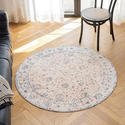 4'x4' Vintage Floral Rug - Persian Inspired Low-Pile Faux Wool Area Rug, Non-Slip Washable Round