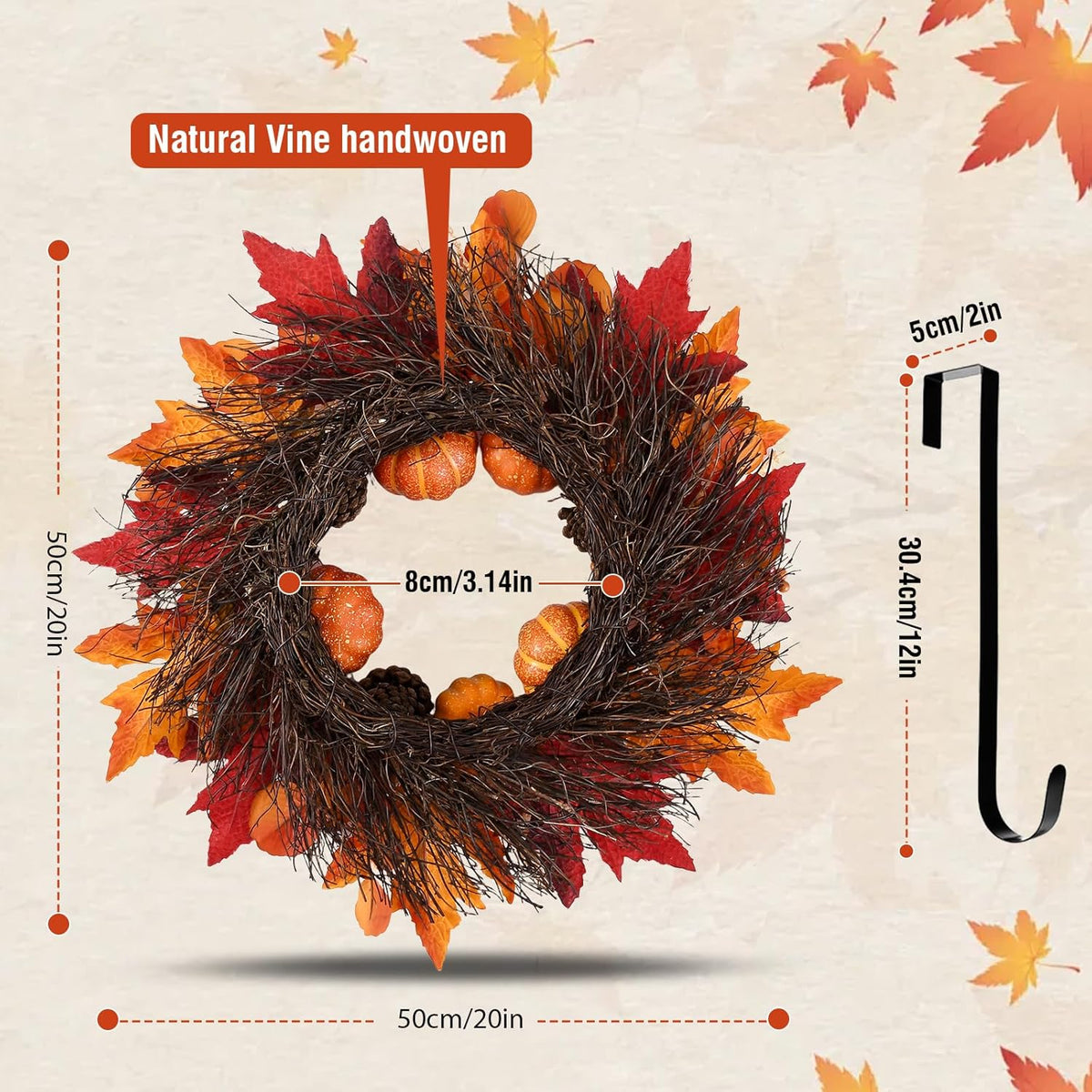20 Inch Thanksgiving Fall Wreath, Berries Pumpkins Maple Leaves Pine Cones Autumn Wreaths with Hook