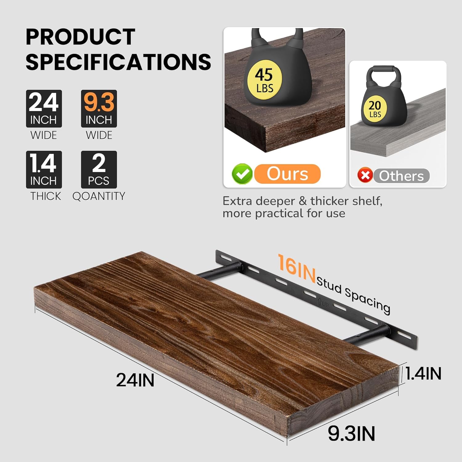 Fun Memories Floating Shelves for Wall, 24"x9.3" Rustic Solid Elm Wood Shelves, Heavy-Duty Wall