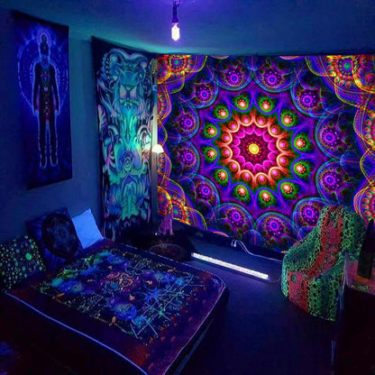 Blacklight Trippy Mandala Tapestry, Boho Black Light Posters for Adults UV Reactive Room Decor for