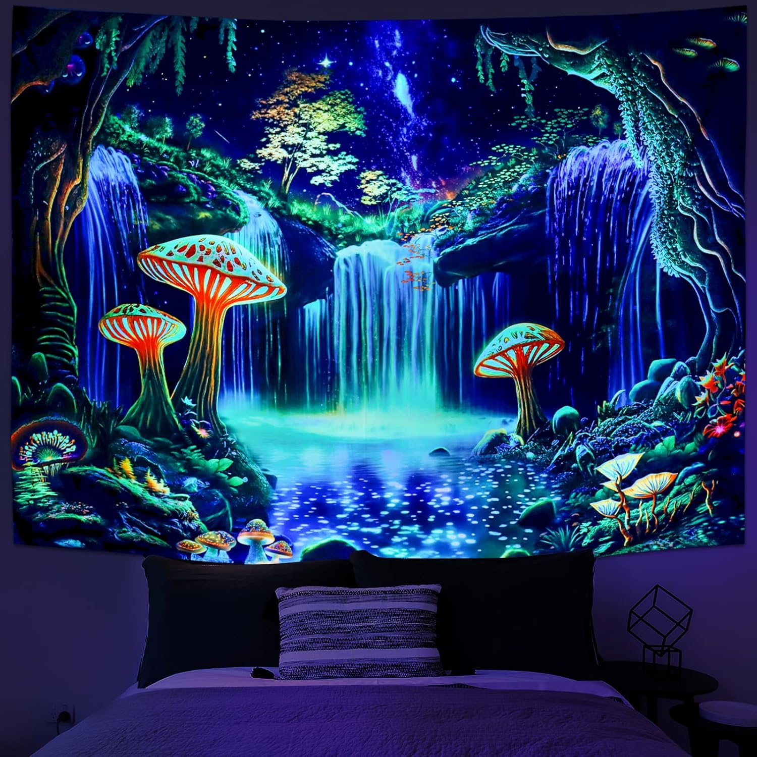 Ameyahud Blacklight Fantasy Forest Tapestry UV Reactive Waterfall Tapestries Starry Sky Tapestry