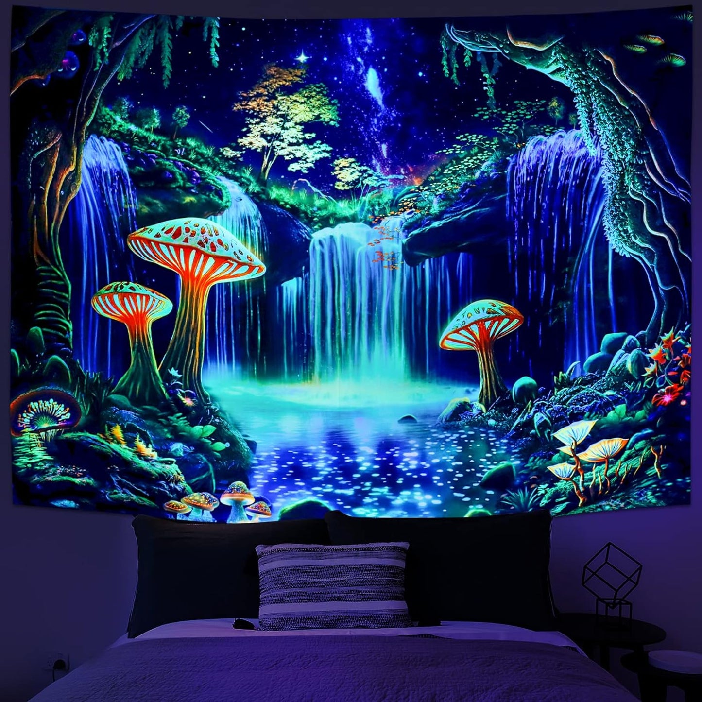 Ameyahud Blacklight Fantasy Forest Tapestry UV Reactive Waterfall Tapestries Starry Sky Tapestry
