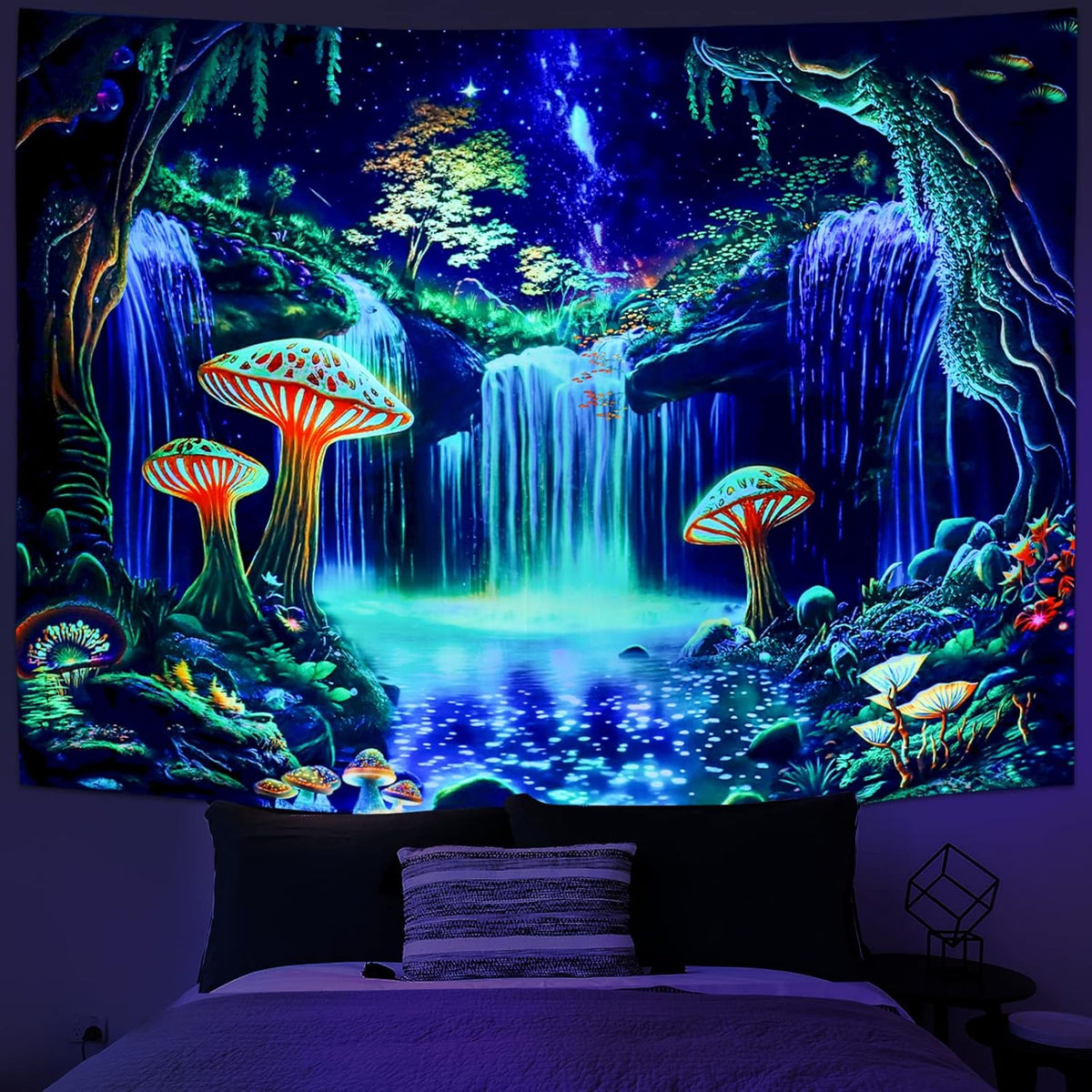 Ameyahud Blacklight Fantasy Forest Tapestry UV Reactive Waterfall Tapestries Starry Sky Tapestry