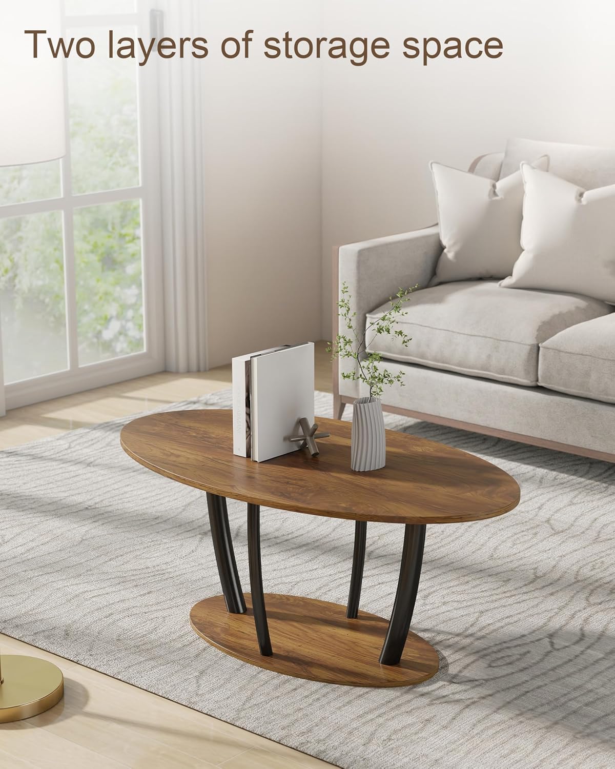 Manora Small Oval Coffee Table with Storage, Farmhouse Industrial Center Table for Living Room