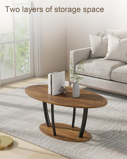 Manora Small Oval Coffee Table with Storage, Farmhouse Industrial Center Table for Living Room