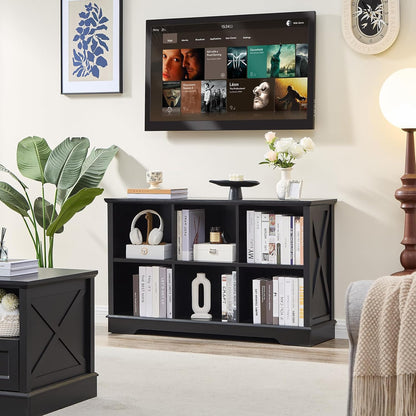 Farmhouse 6 Cube Bookshelf, Black Storage Organizer Bookcase, Kids Toy Storage Cabinet, Long