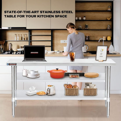 DuraSteel Food Prep Stainless Steel Table - 30 x 72 Inch Commercial Metal Workbench with Adjustable