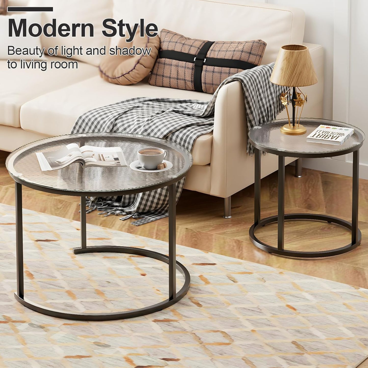 aboxoo Gold Nesting Coffee Table Set of 2, Small Glass Round Nesting Tables for Living Room