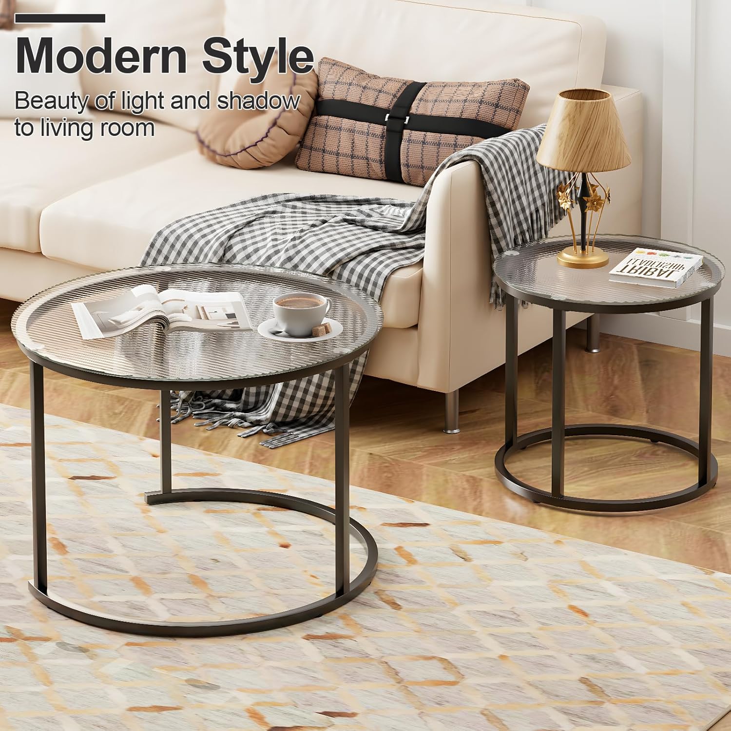 aboxoo Gold Nesting Coffee Table Set of 2, Small Glass Round Nesting Tables for Living Room