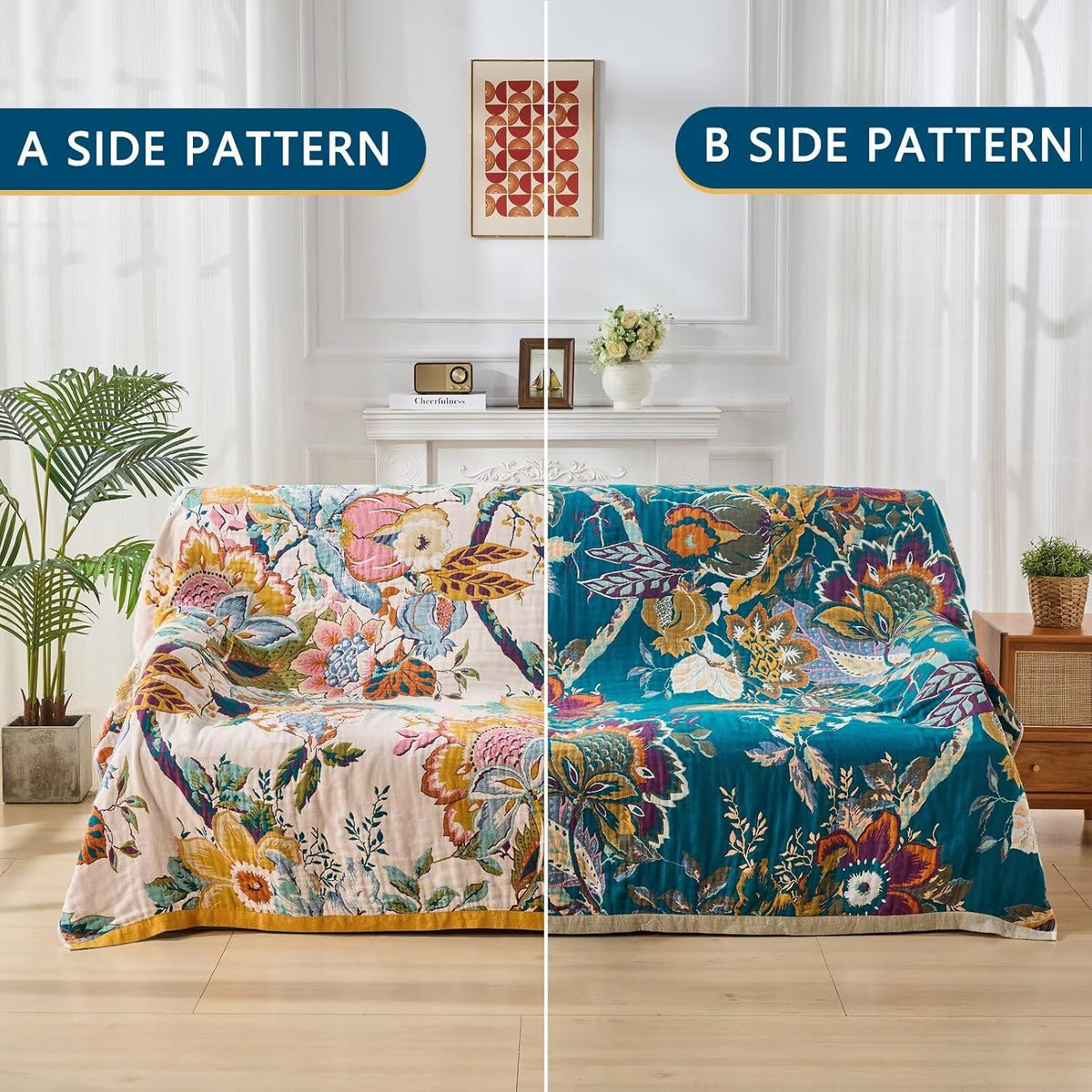 Boho Throw Blanket for Bed, Double Sided Floral Decorated Bohemian Couch Blanket, Lightweight
