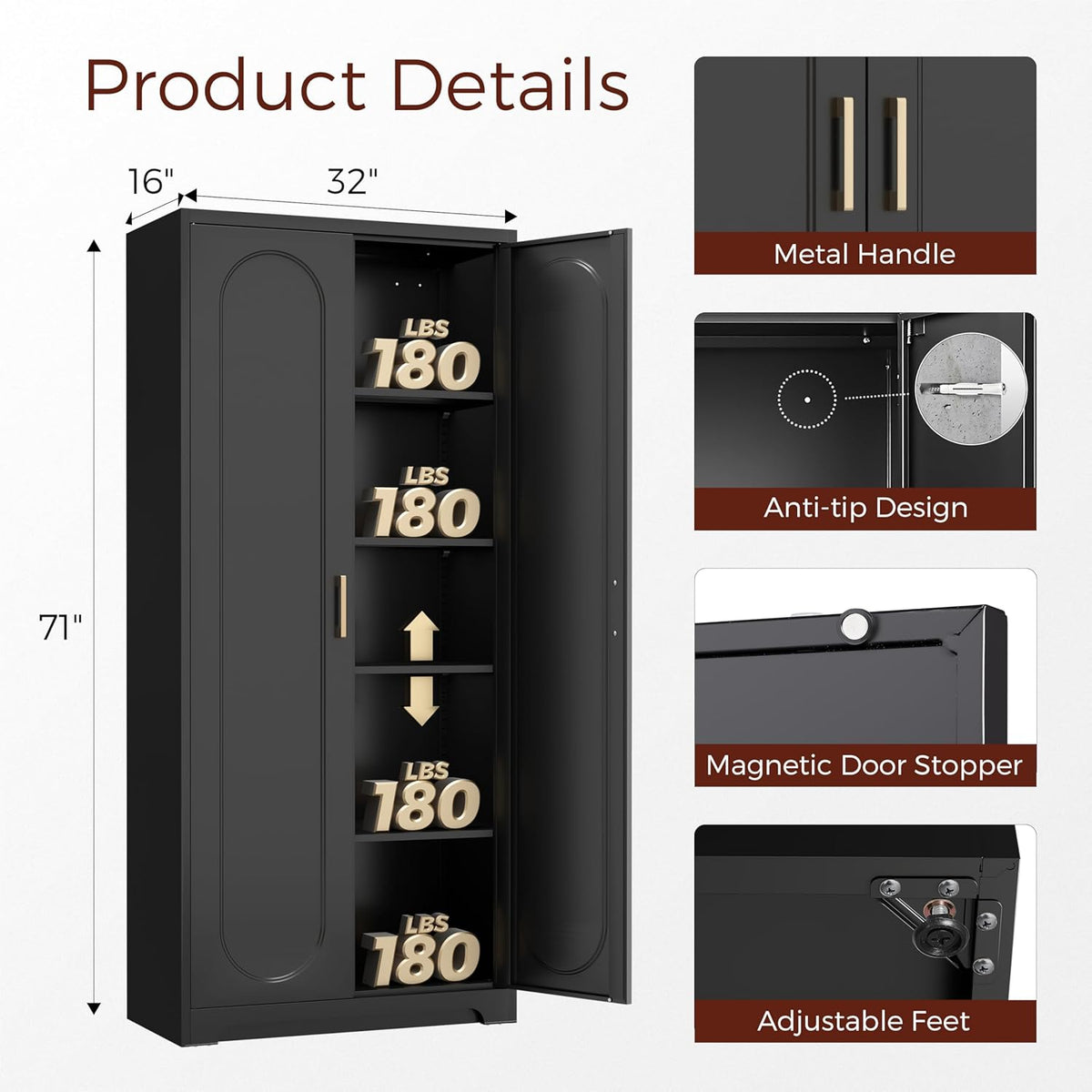 71" Tall Metal Pantry Cabinet with 4 Adjustable Shelves and Gold Handles Heavy-Duty Steel Storage