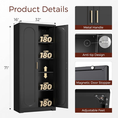 71" Tall Metal Pantry Cabinet with 4 Adjustable Shelves and Gold Handles Heavy-Duty Steel Storage