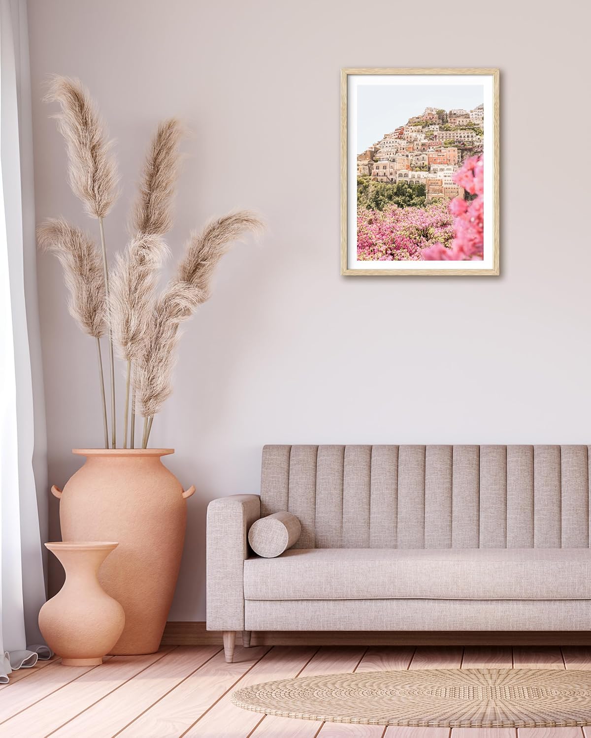HesenDot Natural OAK Wood Amalfi Coast Framed Wall Art,12x16in Italy Beach Canvas Wall Print, Pink