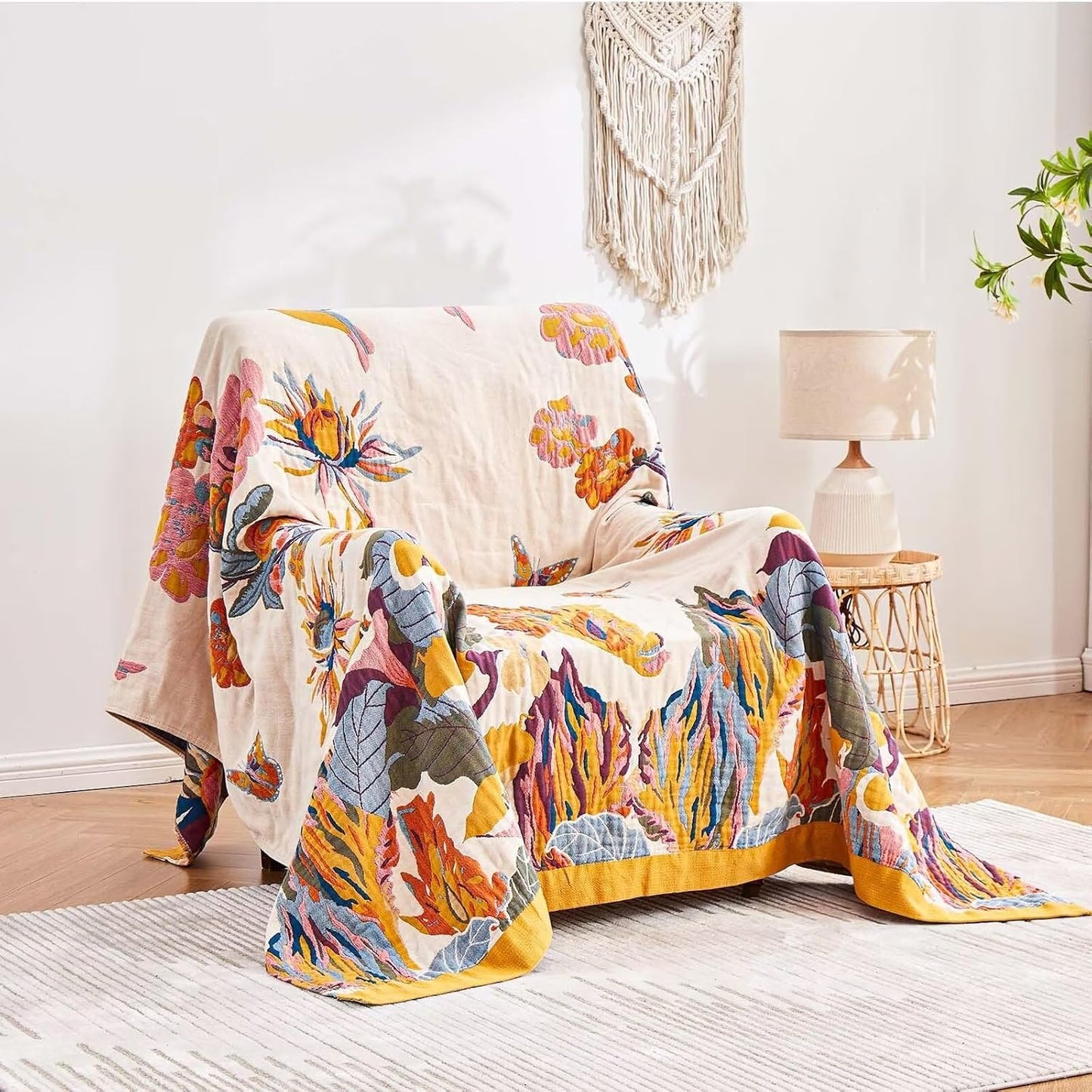 Boho Throw Blanket, 100% Cotton Ultra Soft Luxury Throw Rustic Quilt, 60"x80" Floral Bird Butterfly