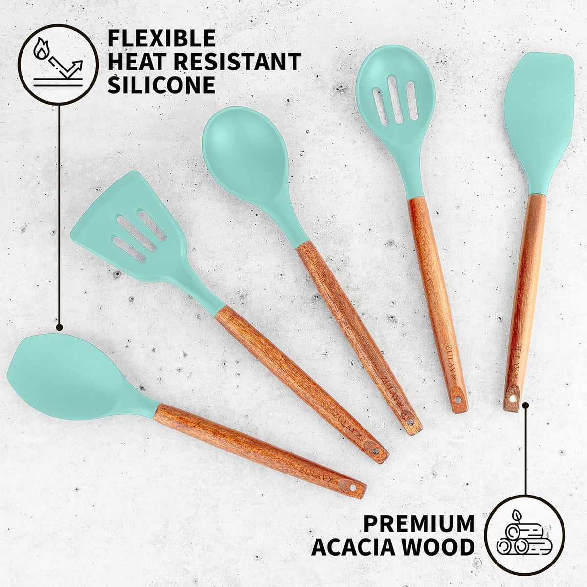Zulay Kitchen Non-Stick Cooking Utensils Set with Authentic Acacia Wood Handles – 5-Piece Durable &