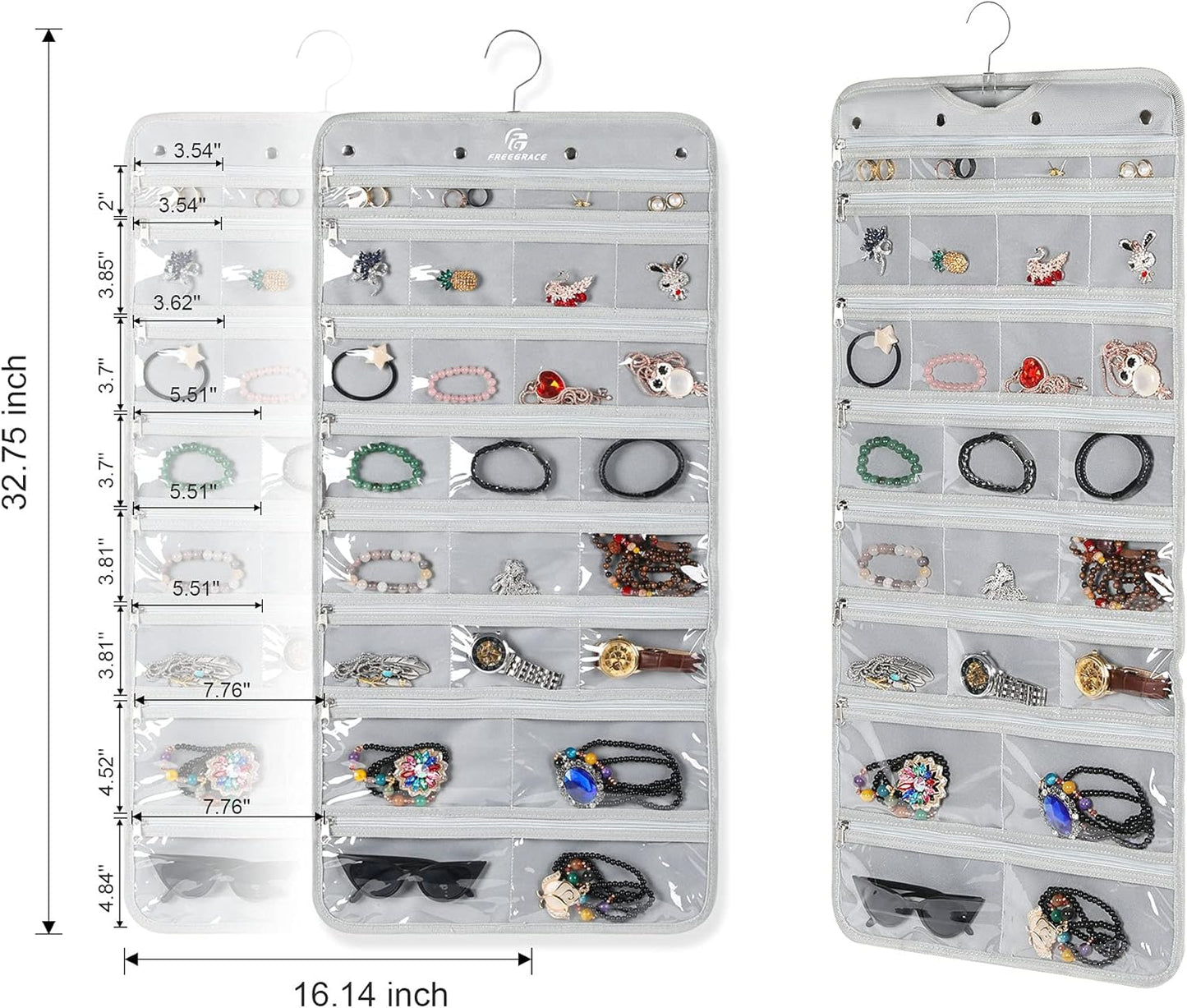 Freegrace Hanging Jewelry Organizer Revolving Hanger - Secure Zipper Closure - 50 Pockets
