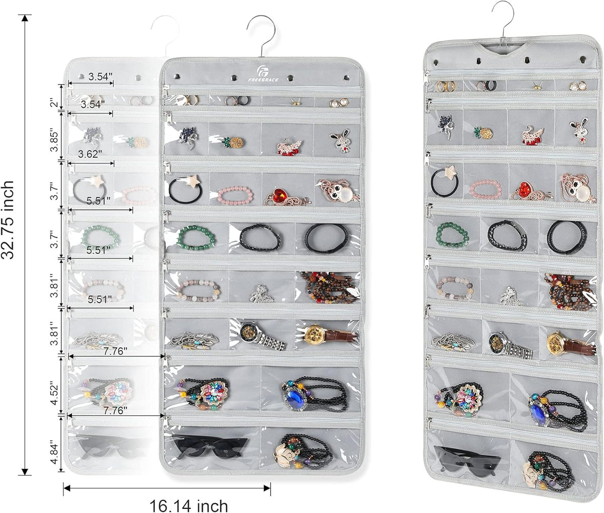 Freegrace Hanging Jewelry Organizer Revolving Hanger - Secure Zipper Closure - 50 Pockets
