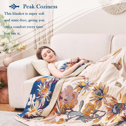 Boho Throw Blanket, 100% Cotton Ultra Soft Luxury Throw Rustic Quilt, 60"x80" Floral Bird Butterfly