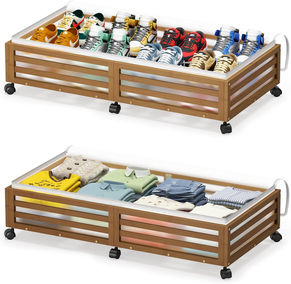 Under Bed Storage Containers With Wheels - 2 Pcs Large Bamboo Wood Rolling Underbed Shoe Storage