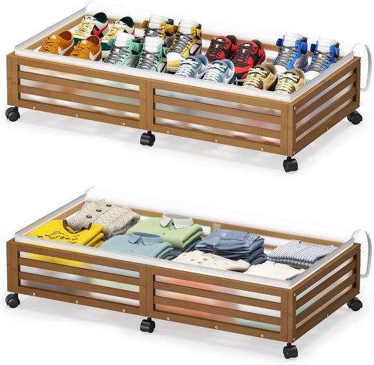 Under Bed Storage Containers With Wheels - 2 Pcs Large Bamboo Wood Rolling Underbed Shoe Storage