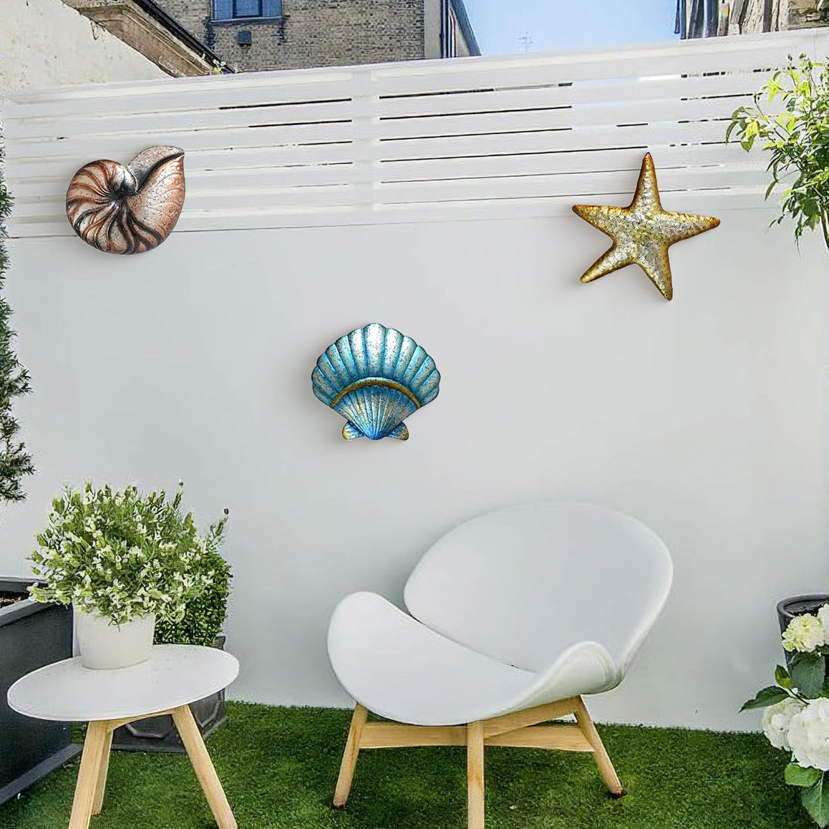 Weibefee 3 Pcs Metal Beach Wall Decor Sea Star Shell Conch Metal Decor Ocean Theme Marine Coastal