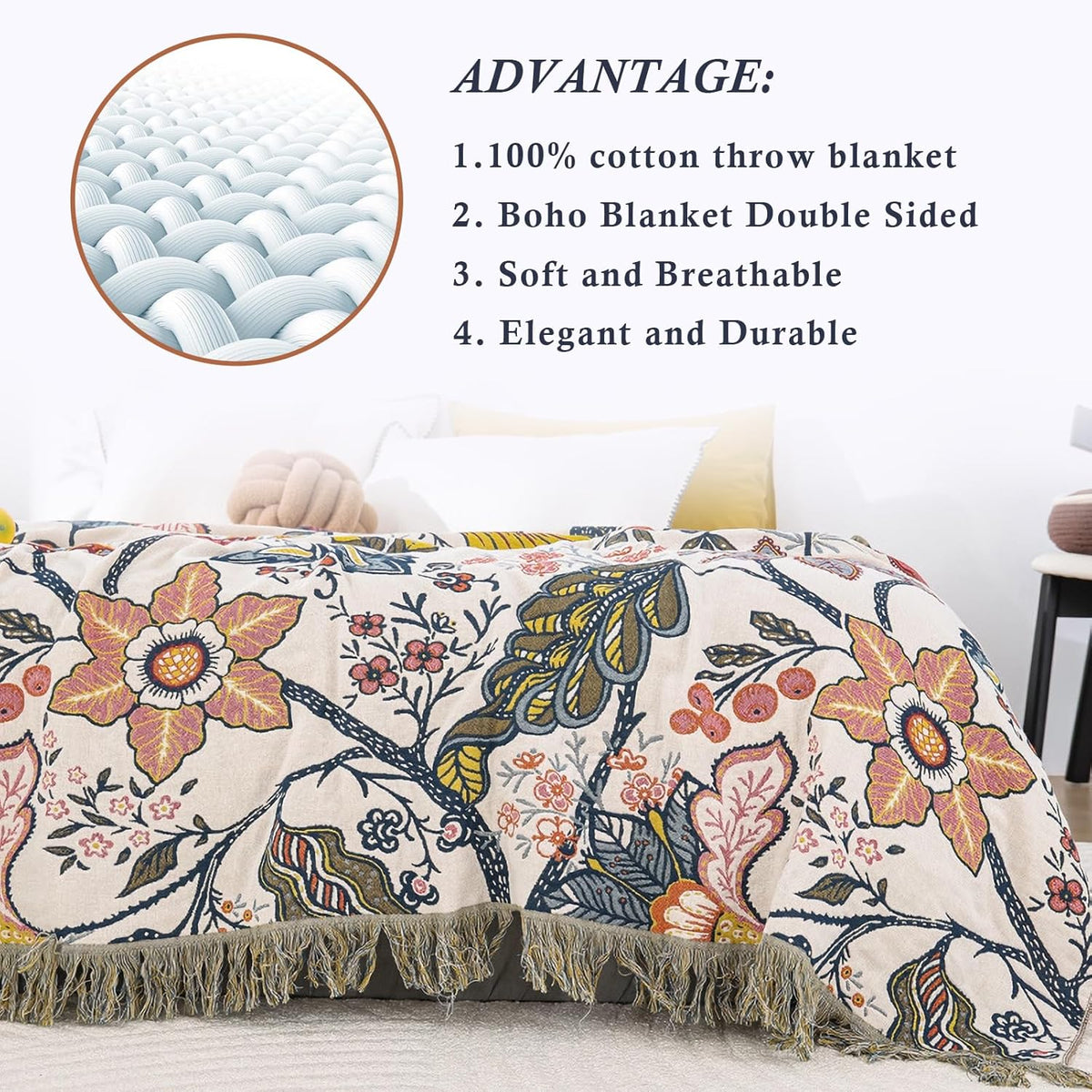 Snycler Boho Throw Blanket for Bed, 100% Organic Cotton Muslin Soft Throw-Floral Farmhouse Rustic