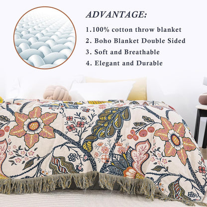 Snycler Boho Throw Blanket for Bed, 100% Organic Cotton Muslin Soft Throw-Floral Farmhouse Rustic