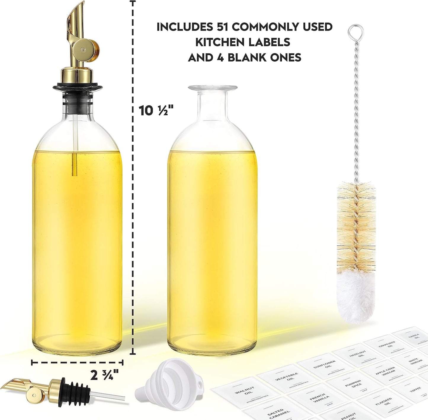Olive Oil Dispenser Bottle - Includes 55 Kitchen Essential Labels - Cooking Oil Bottles for