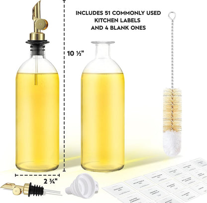 Olive Oil Dispenser Bottle - Includes 55 Kitchen Essential Labels - Cooking Oil Bottles for