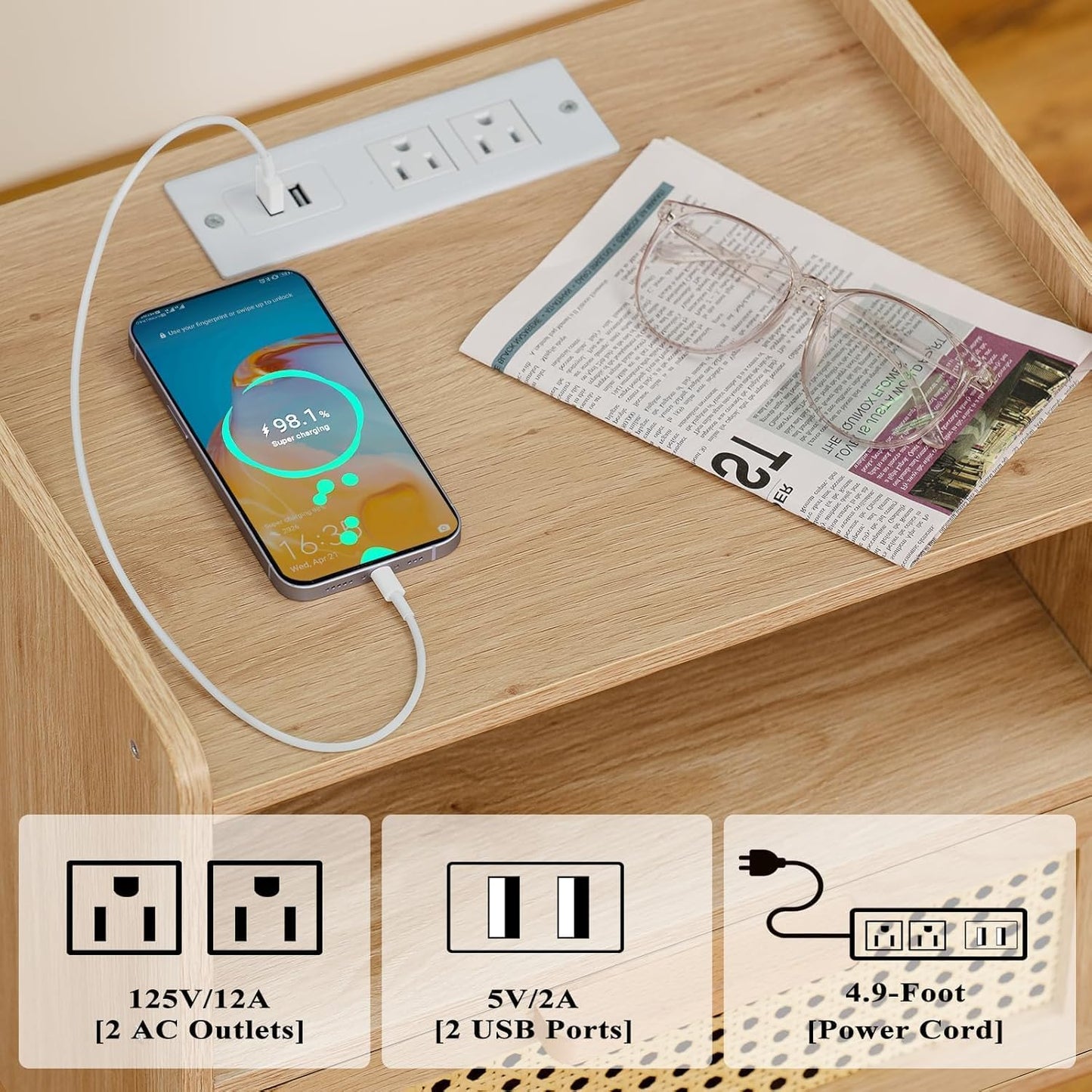 Lerliuo Rattan Nightstand with Charging Station, Boho Night Stand with Handmade Natural Rattan