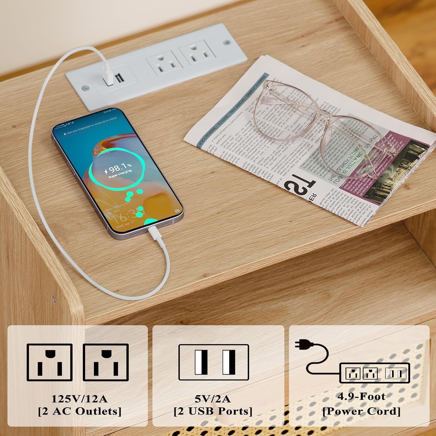 Lerliuo Rattan Nightstand with Charging Station, Boho Night Stand with Handmade Natural Rattan