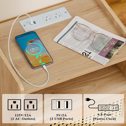 Lerliuo Rattan Nightstand with Charging Station, Boho Night Stand with Handmade Natural Rattan