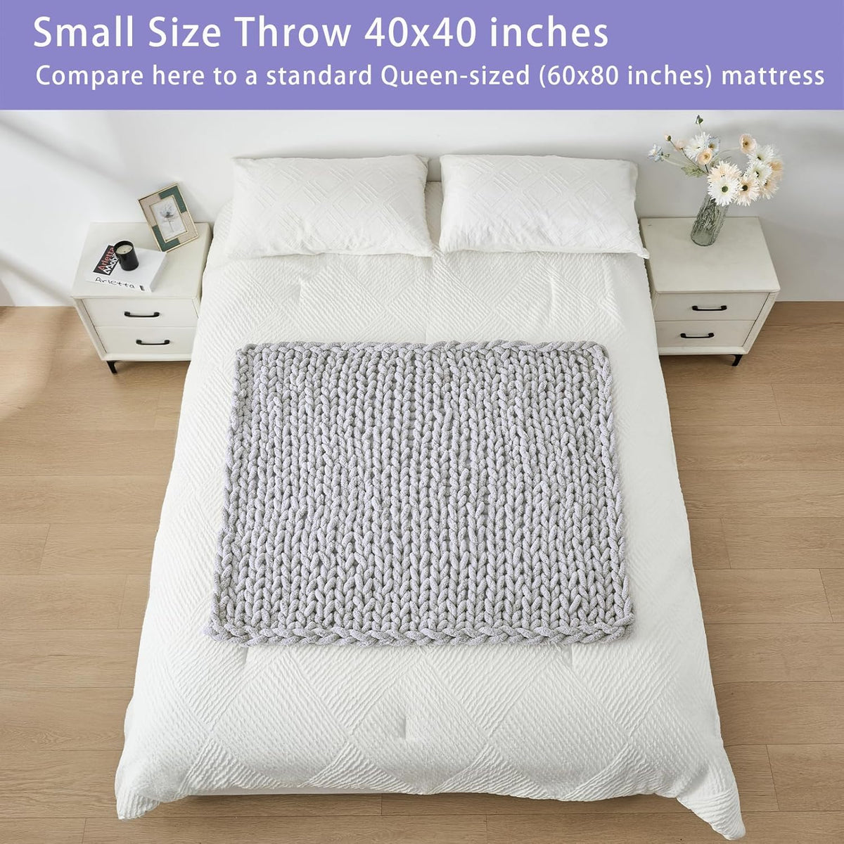 Bigacogo Chunky Knit Throw Blanket for Couch, 40x40 inches, 100% Hand Knitted with Thick Jumbo